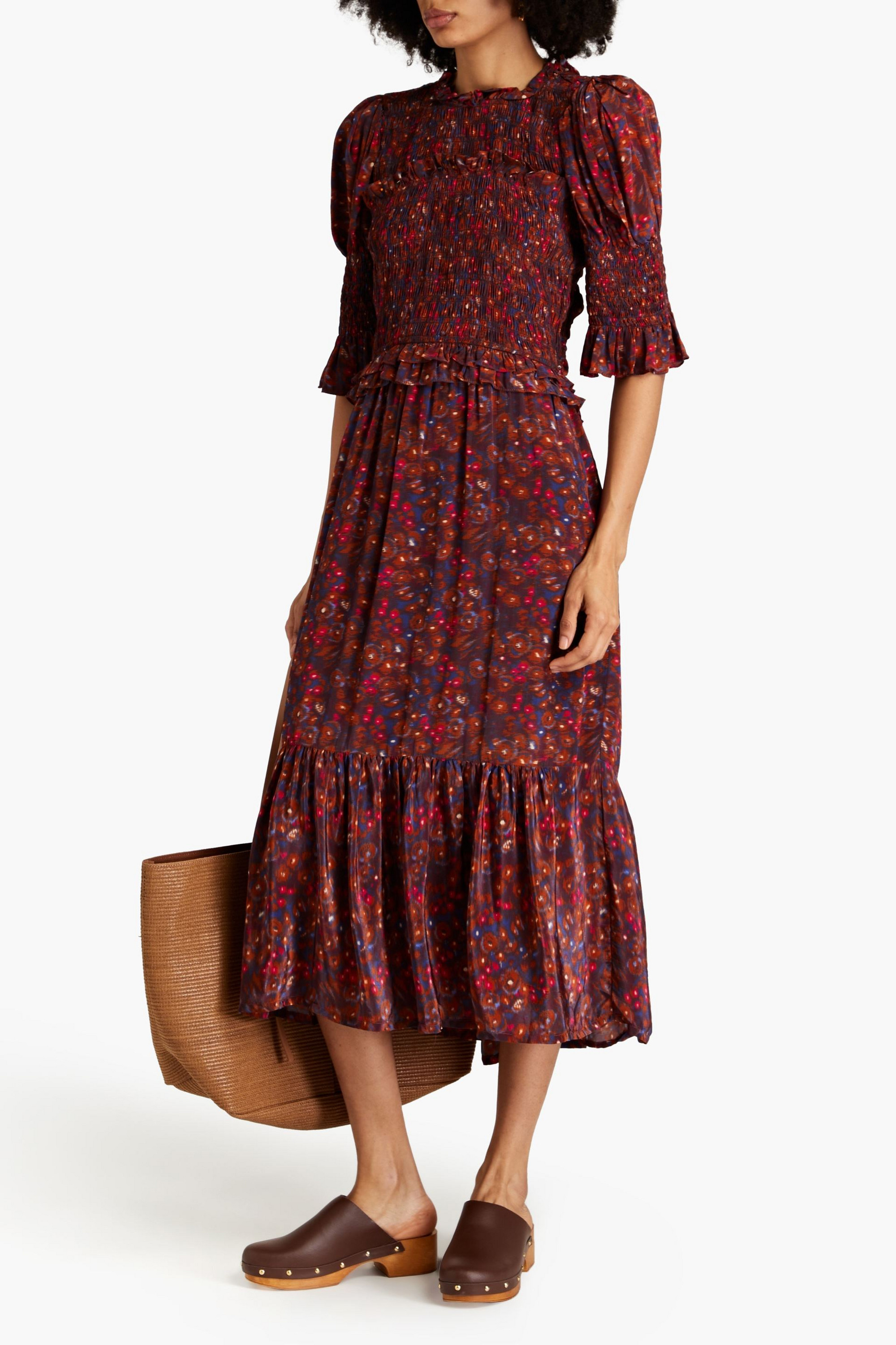 Sea Ilana shirred printed crepe de chine midi dress