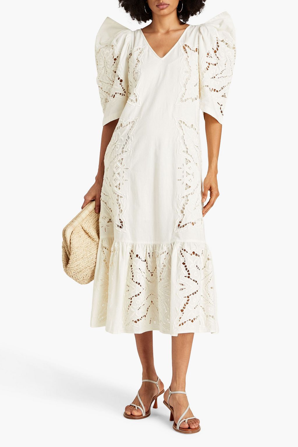 SEA Anita broderie anglaise cotton and linen-blend midi dress
