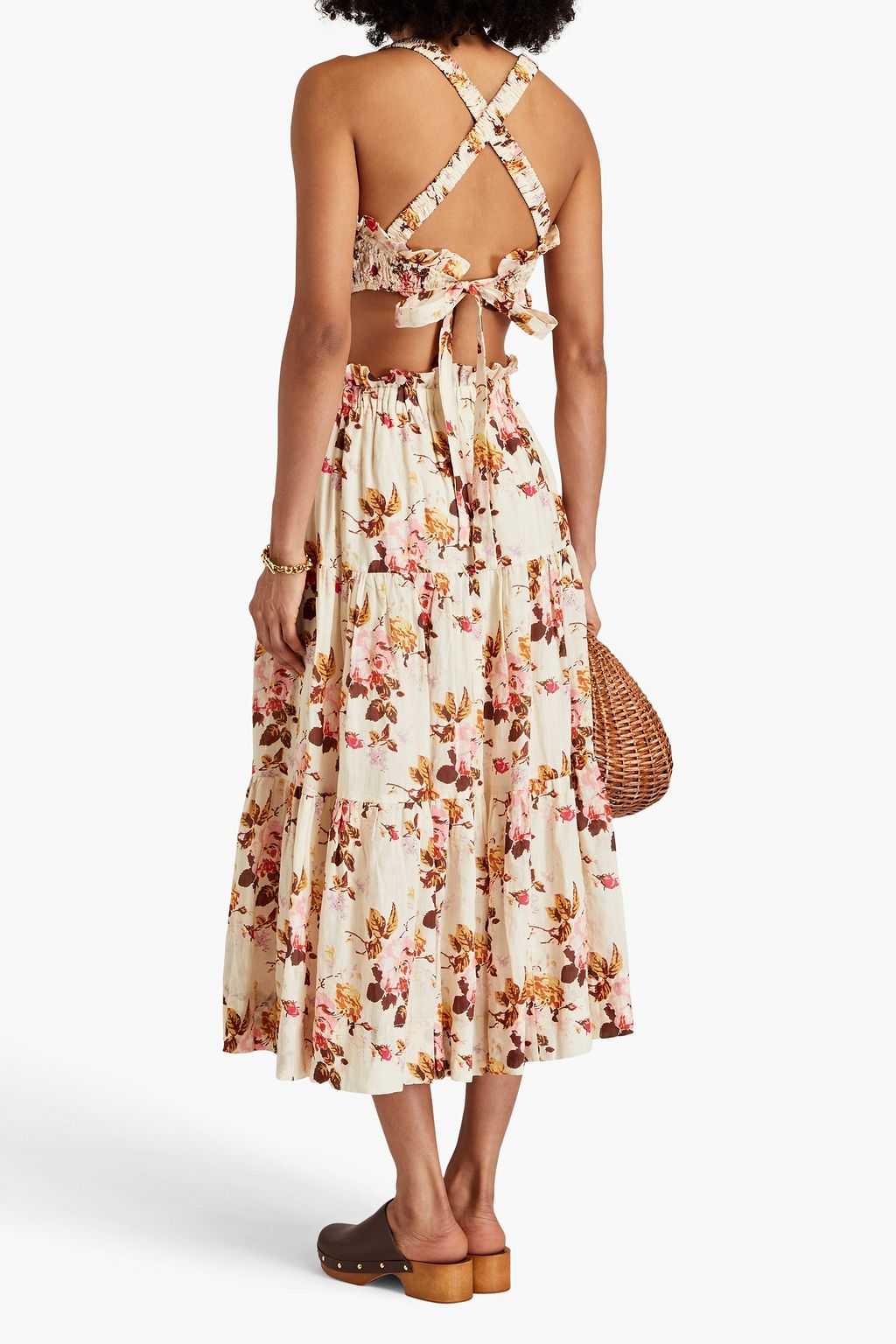 SEA Esme tiered floral-print ramie midi dress