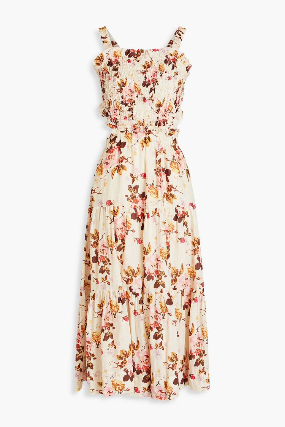 Sea Esme Tiered Floral-print Ramie Midi Dress In Ecru