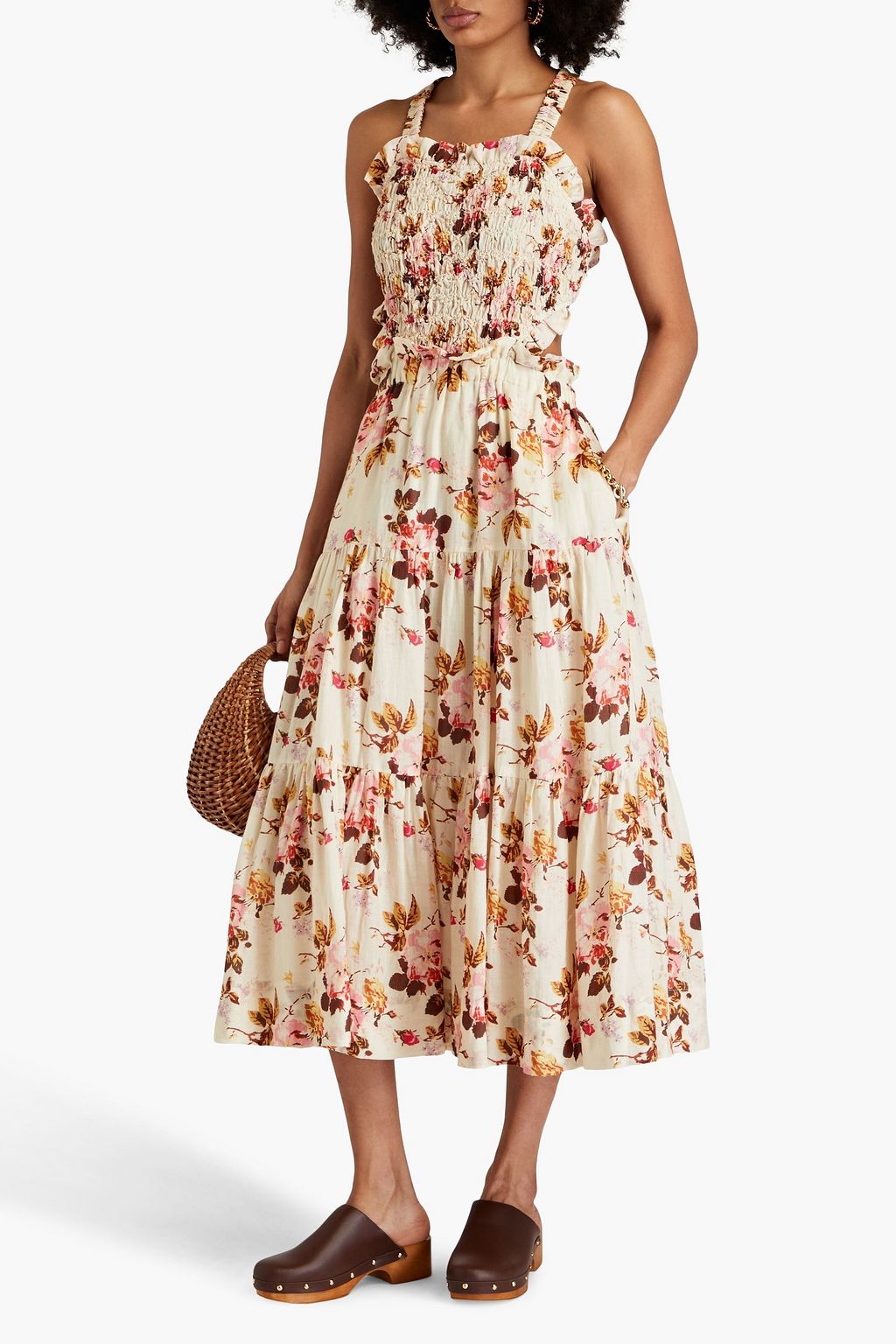 SEA Esme tiered floral-print ramie midi dress