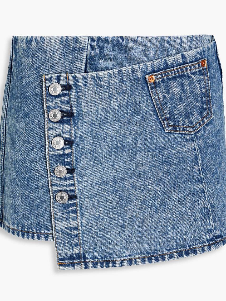 acid-wash denim mini wrap skirt