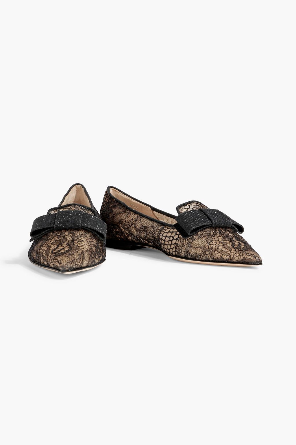 JIMMY CHOO Gala bowdetailed glittered lace pointtoe flats THE