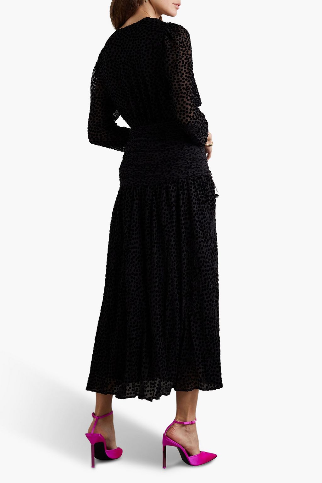 RIXO Racquel ruched flocked tulle midi dress