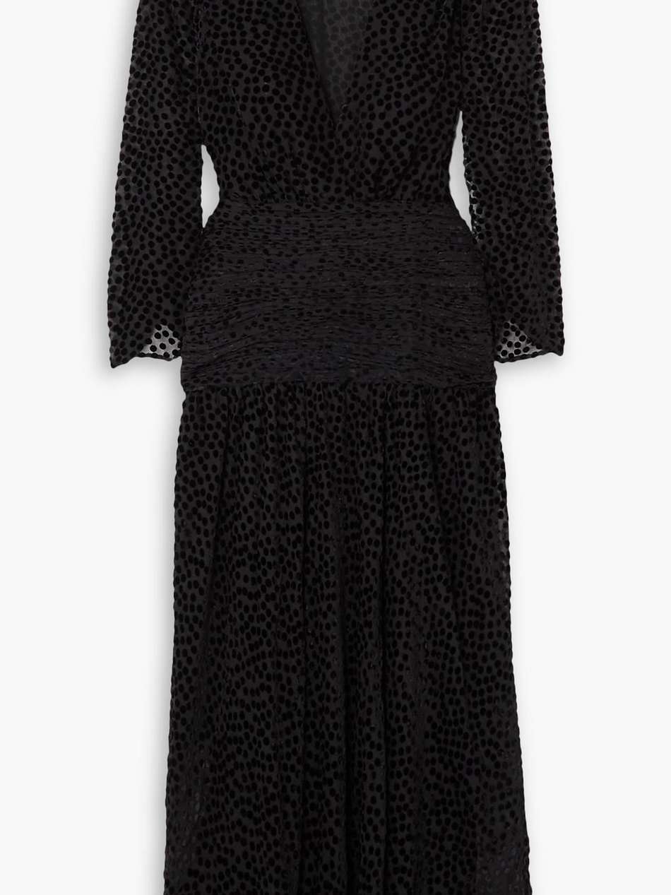 racquel ruched flocked tulle midi dress
