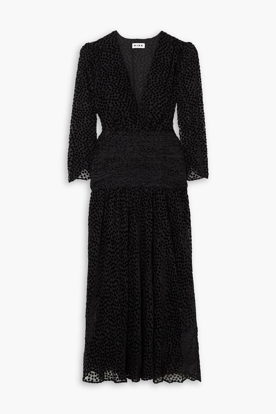 Rixo London Racquel Ruched Flocked Tulle Midi Dress In Black