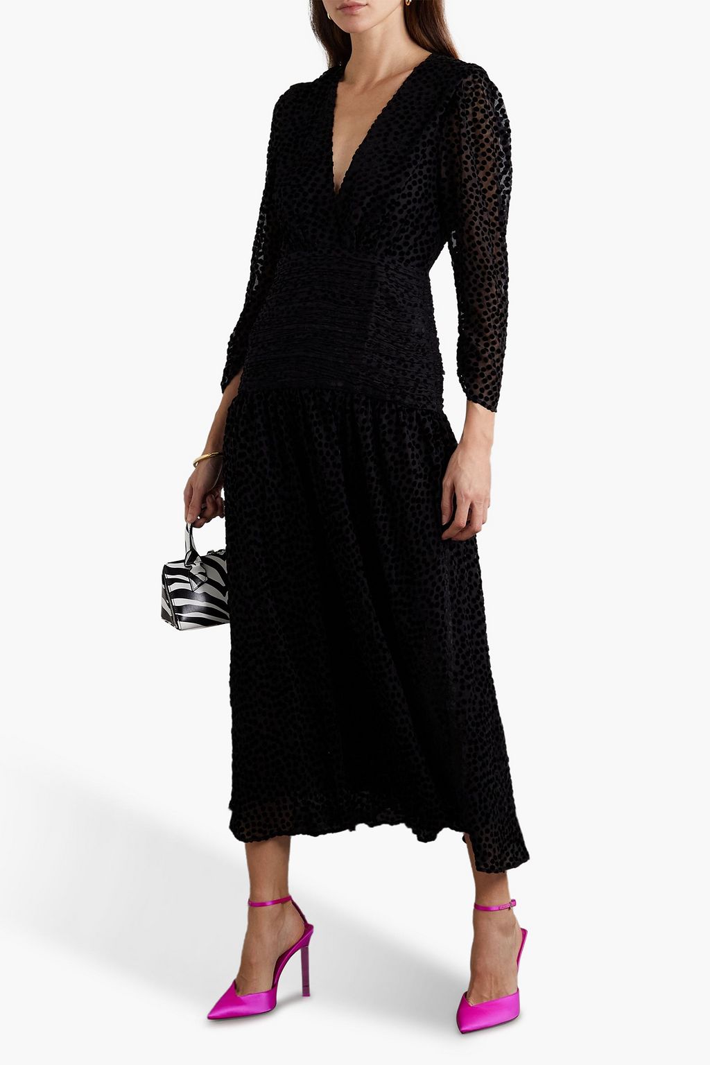 RIXO Racquel ruched flocked tulle midi dress