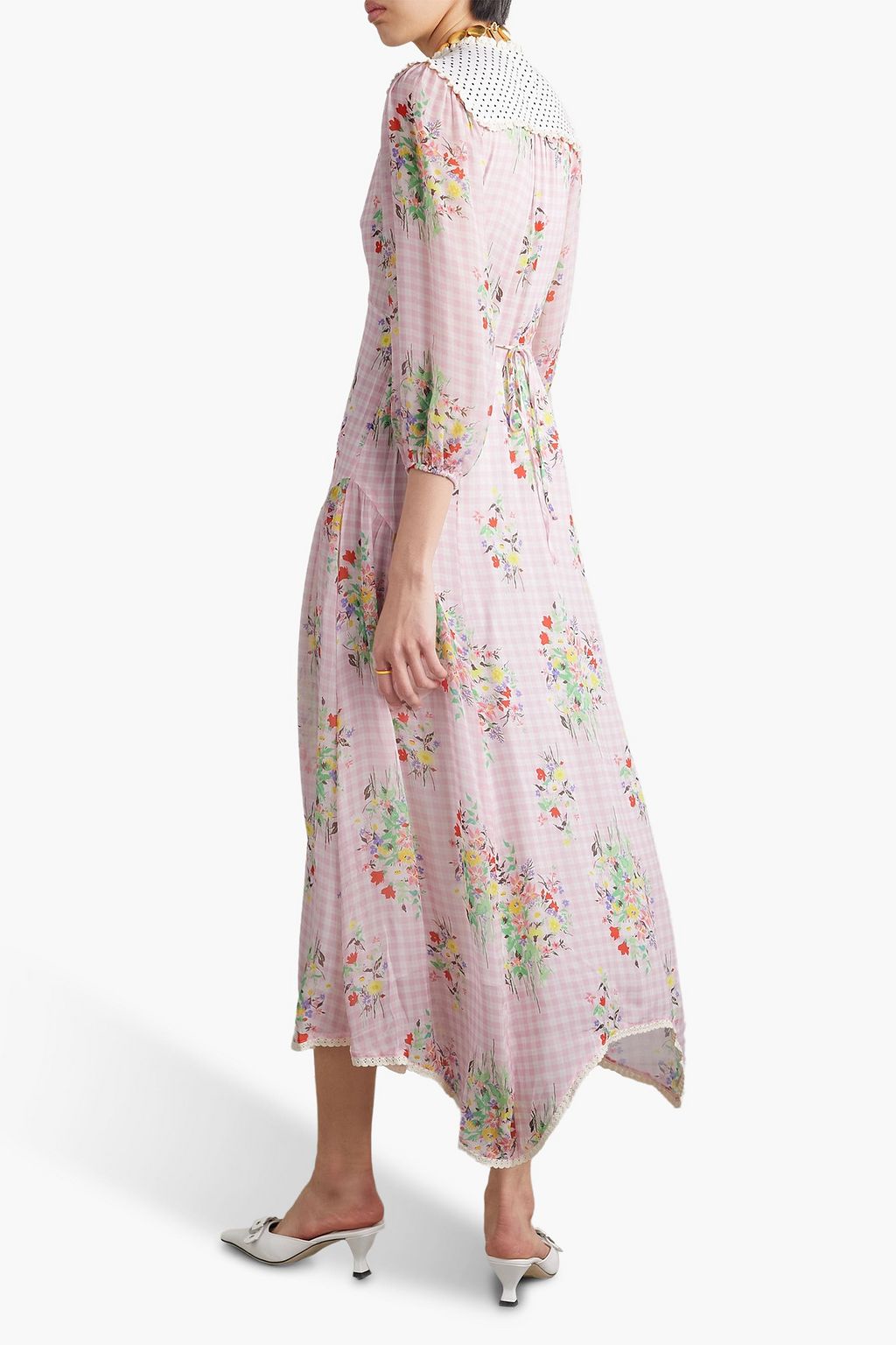 RIXO Gem crochet-trimmed printed crepe maxi dress