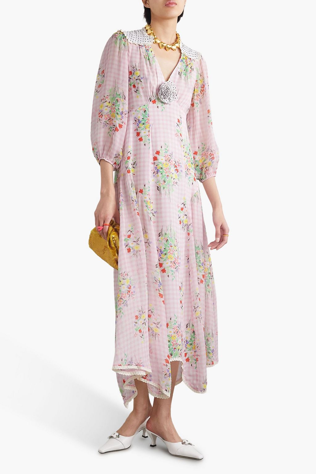 RIXO Gem crochet-trimmed printed crepe maxi dress