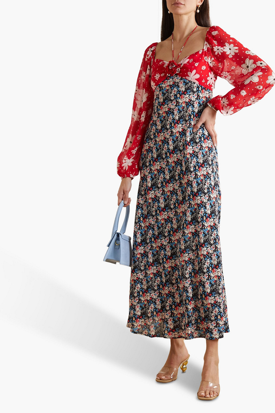 Shop Rixo London Jeanie Floral-print Crepe Halterneck Midi Dress In Red