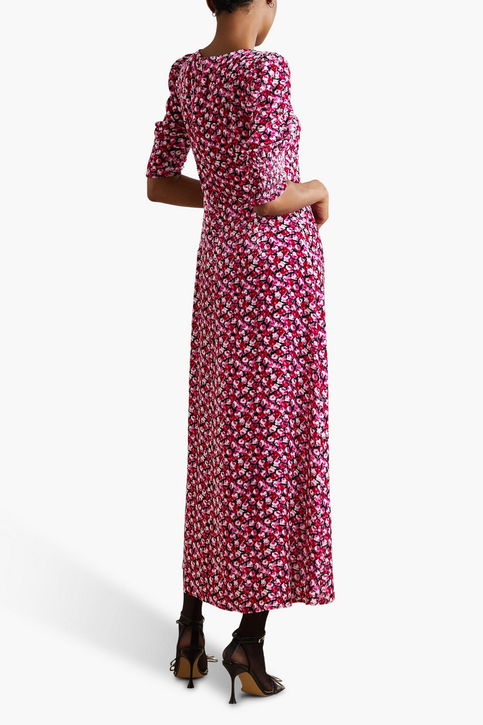 Rixo London Karen Embellished Floral-print Velvet Midi Dress In Pink
