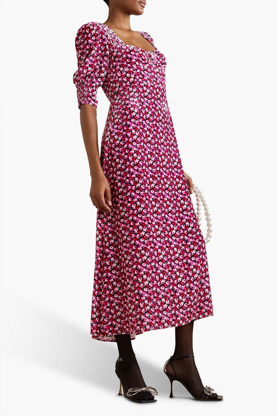 Shop Rixo London Karen Embellished Floral-print Velvet Midi Dress In Pink