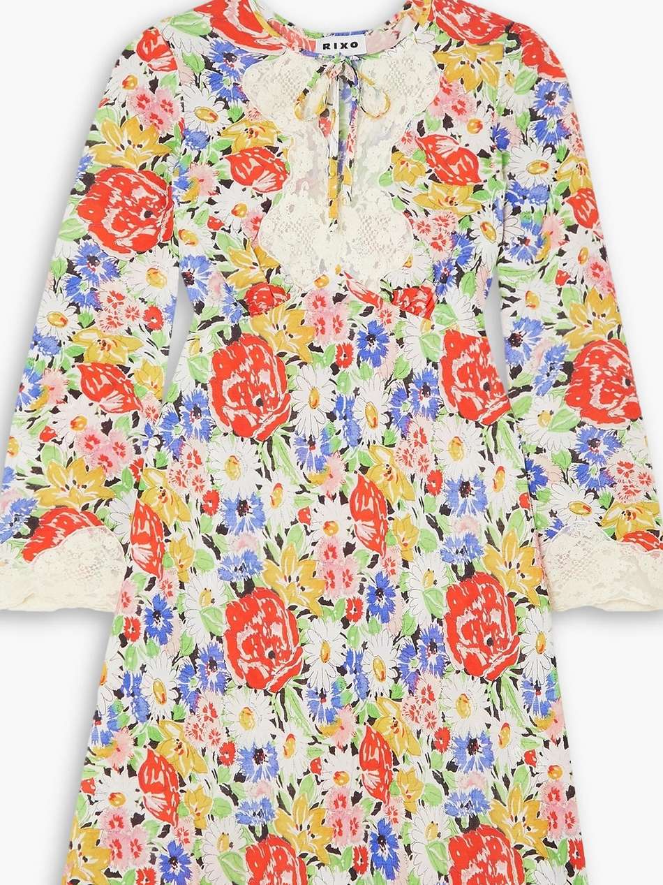 abrielle lace-trimmed floral-print crepe mini dress