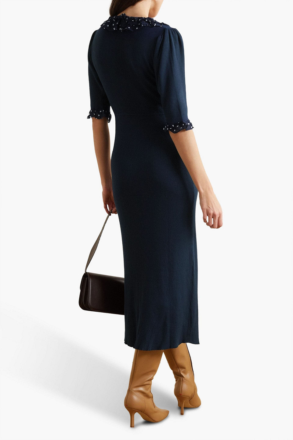 Shop Rixo London Giuliana Crepe-trimmed Ruffled Ribbed-knit Maxi Dress In Midnight Blue