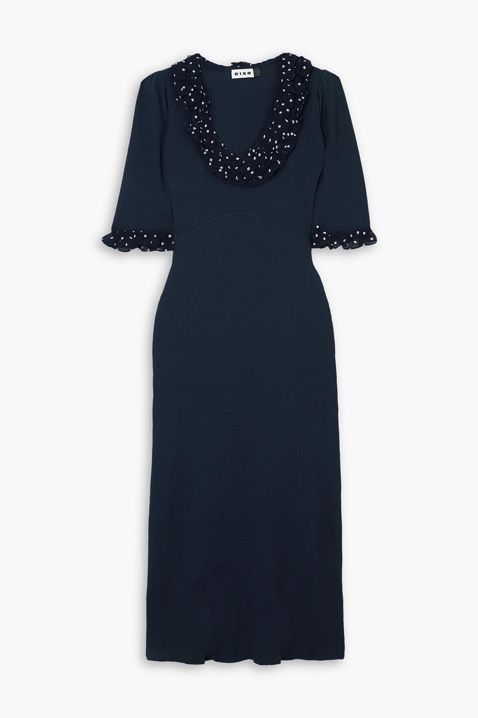 Rixo London Giuliana Crepe-trimmed Ruffled Ribbed-knit Maxi Dress In Midnight Blue