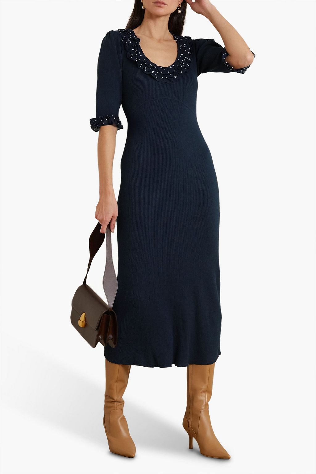 RIXO Giuliana crepe-trimmed ruffled ribbed-knit maxi dress