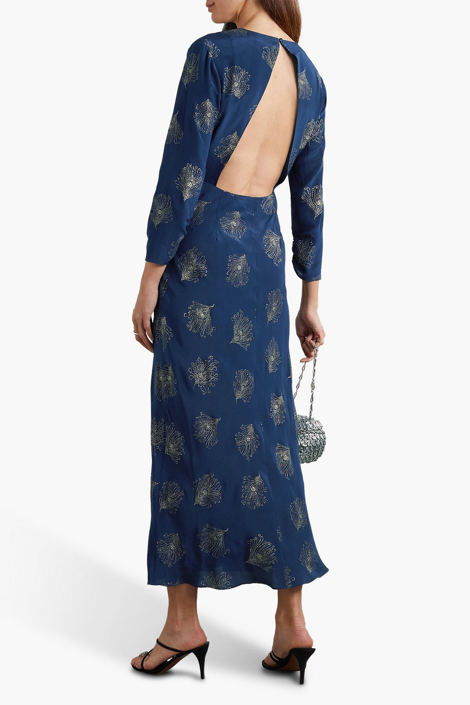 Shop Rixo London Rose Cutout Ruffled Glittered Silk-crepe Midi Dress In Navy