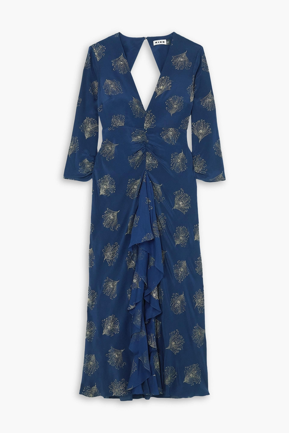 Shop Rixo London Rose Cutout Ruffled Glittered Silk-crepe Midi Dress In Navy