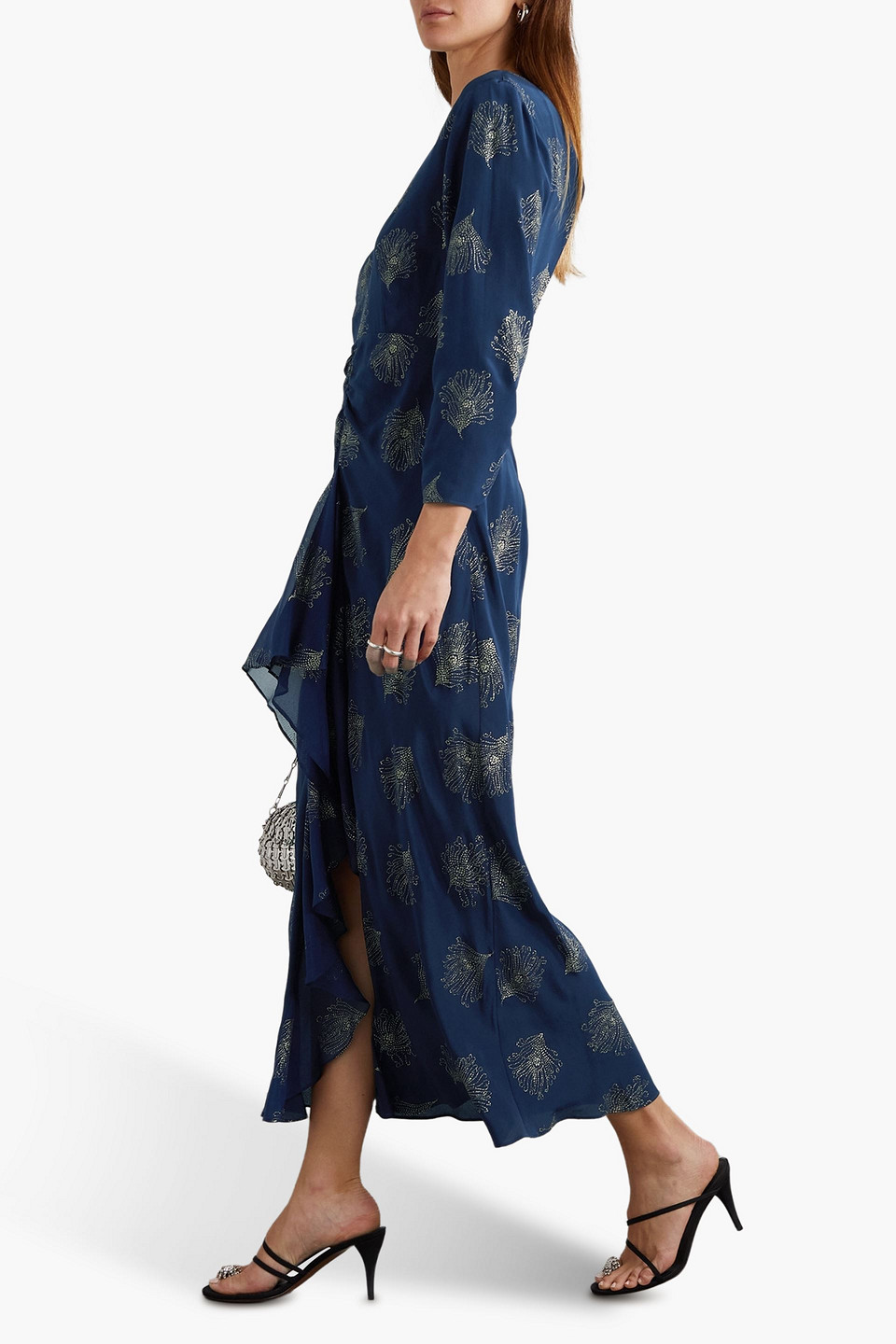 Shop Rixo London Rose Cutout Ruffled Glittered Silk-crepe Midi Dress In Navy