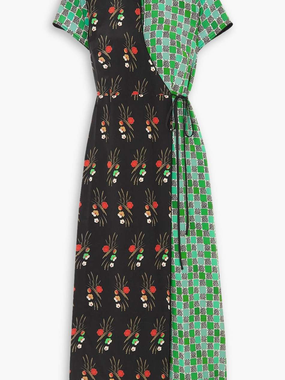 carole printed patchwork-effect silk-crepe midi wrap dress