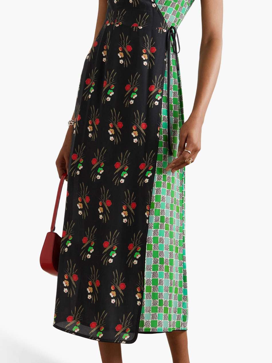 carole printed patchwork-effect silk-crepe midi wrap dress