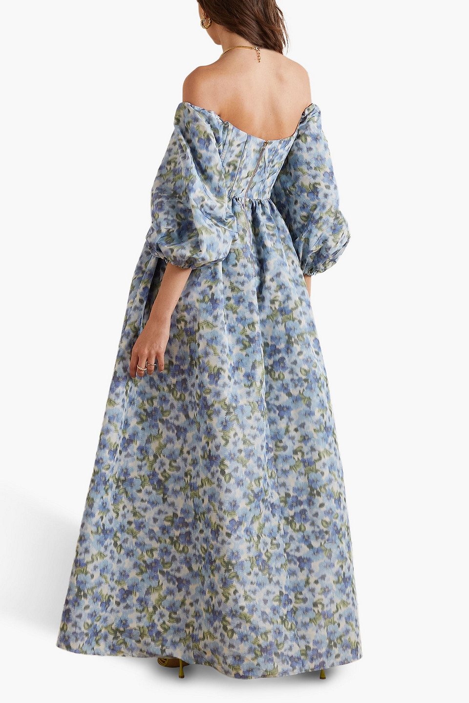 Shop Carolina Herrera Off-the-shoulder Floral-print Taffeta Gown In Sky Blue