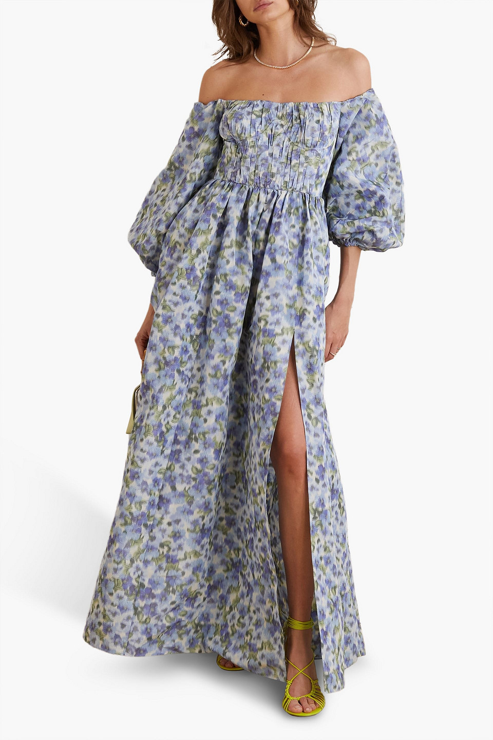 Shop Carolina Herrera Off-the-shoulder Floral-print Taffeta Gown In Sky Blue