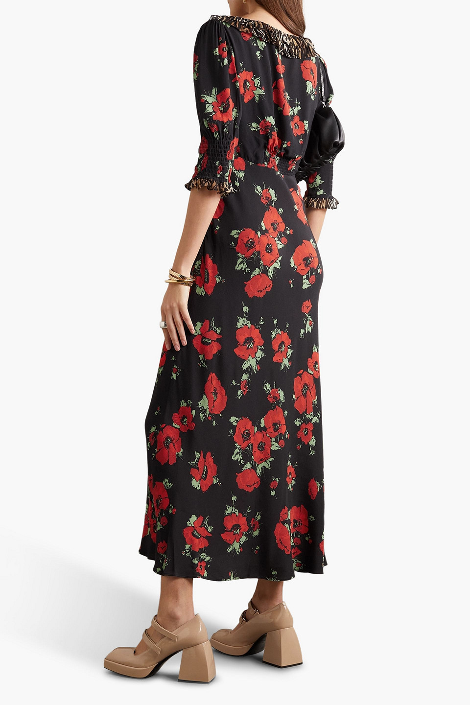 Shop Rixo London Juliette Ruffled Printed Crepe Midi Dress In Black