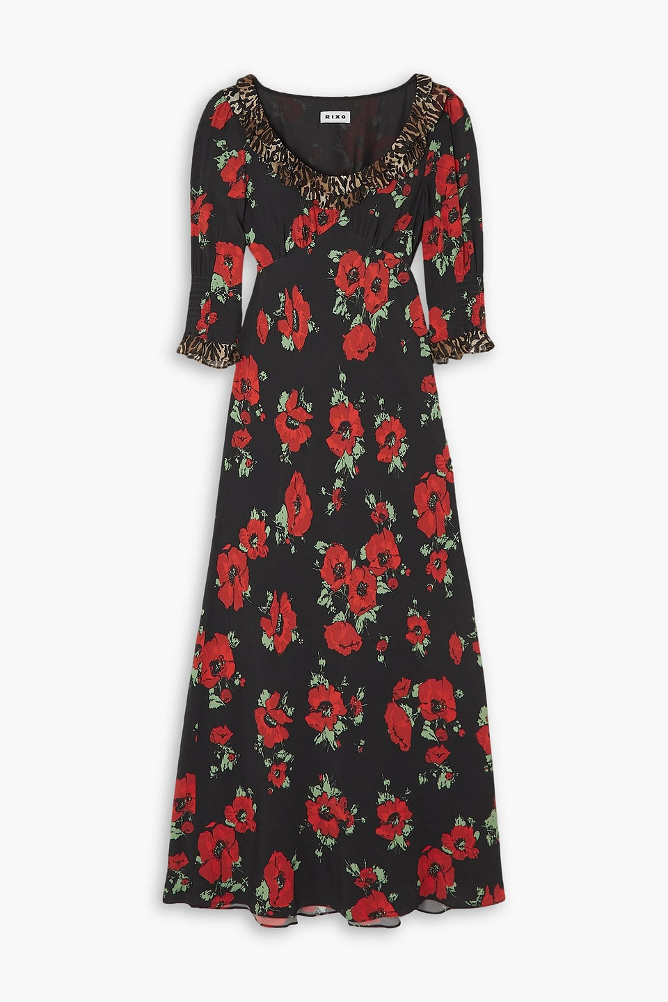 Shop Rixo London Juliette Ruffled Printed Crepe Midi Dress In Black