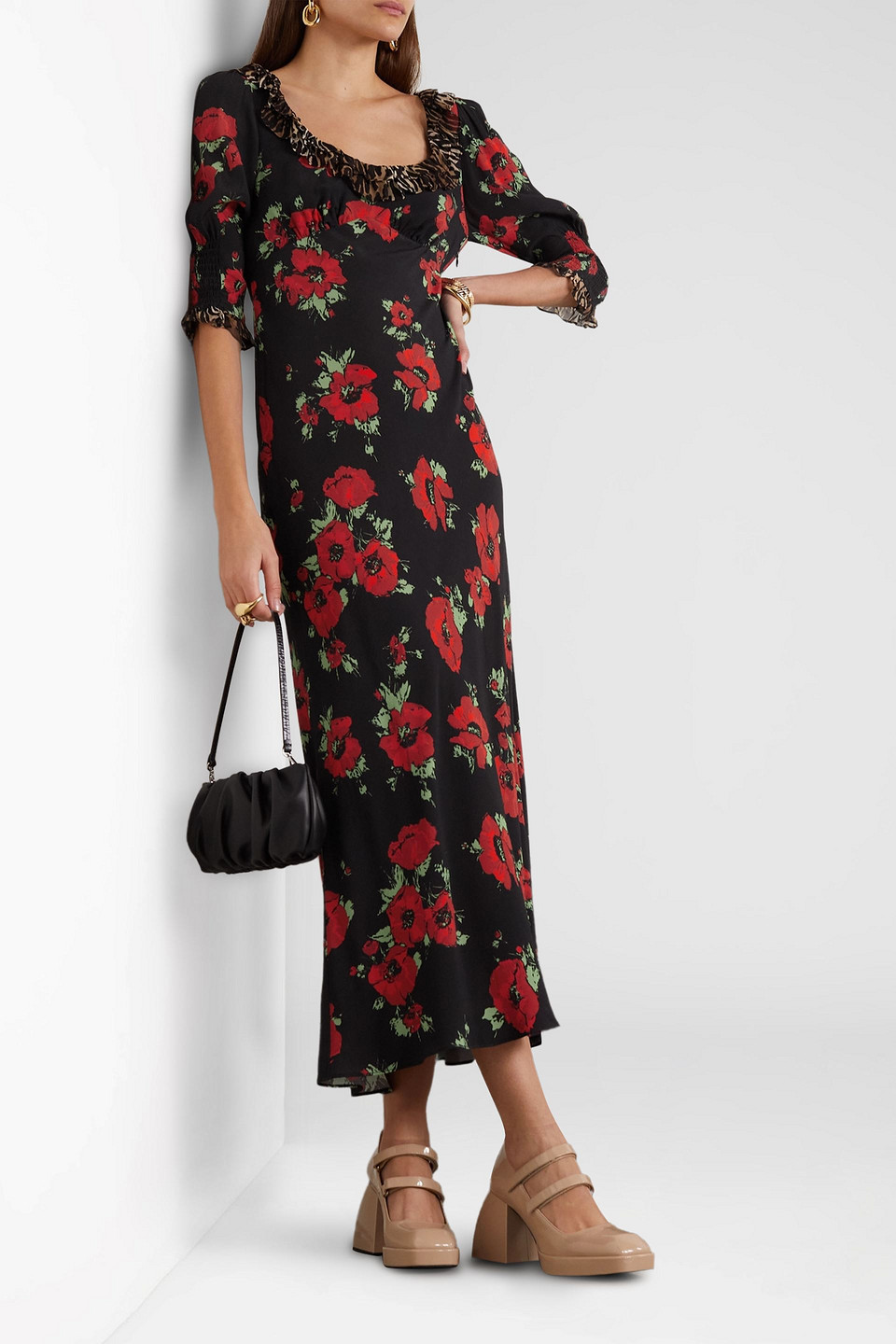 Shop Rixo London Juliette Ruffled Printed Crepe Midi Dress In Black