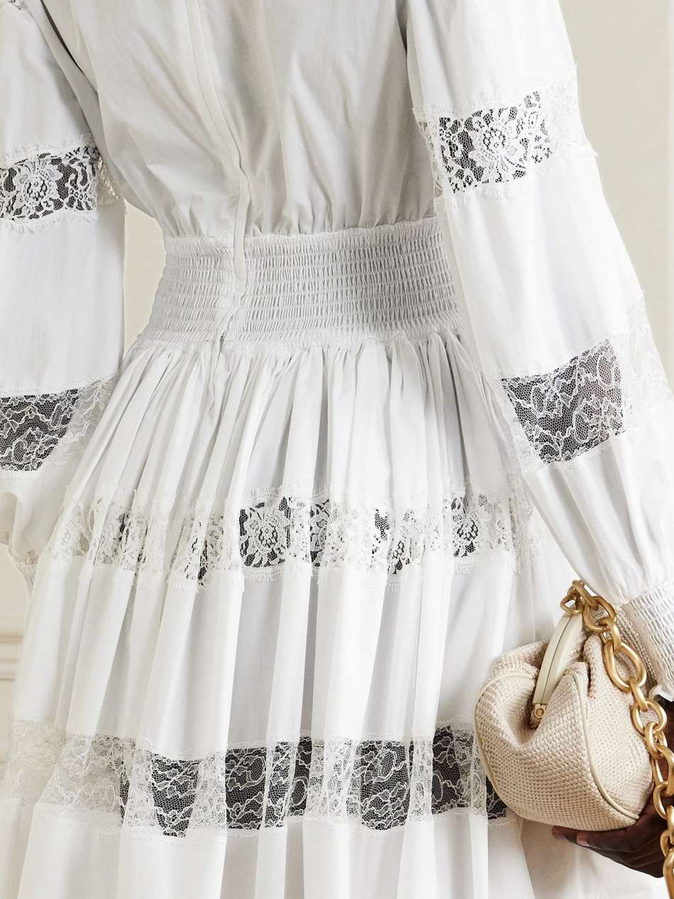 shirred lace-trimmed cotton-blend poplin mini dress