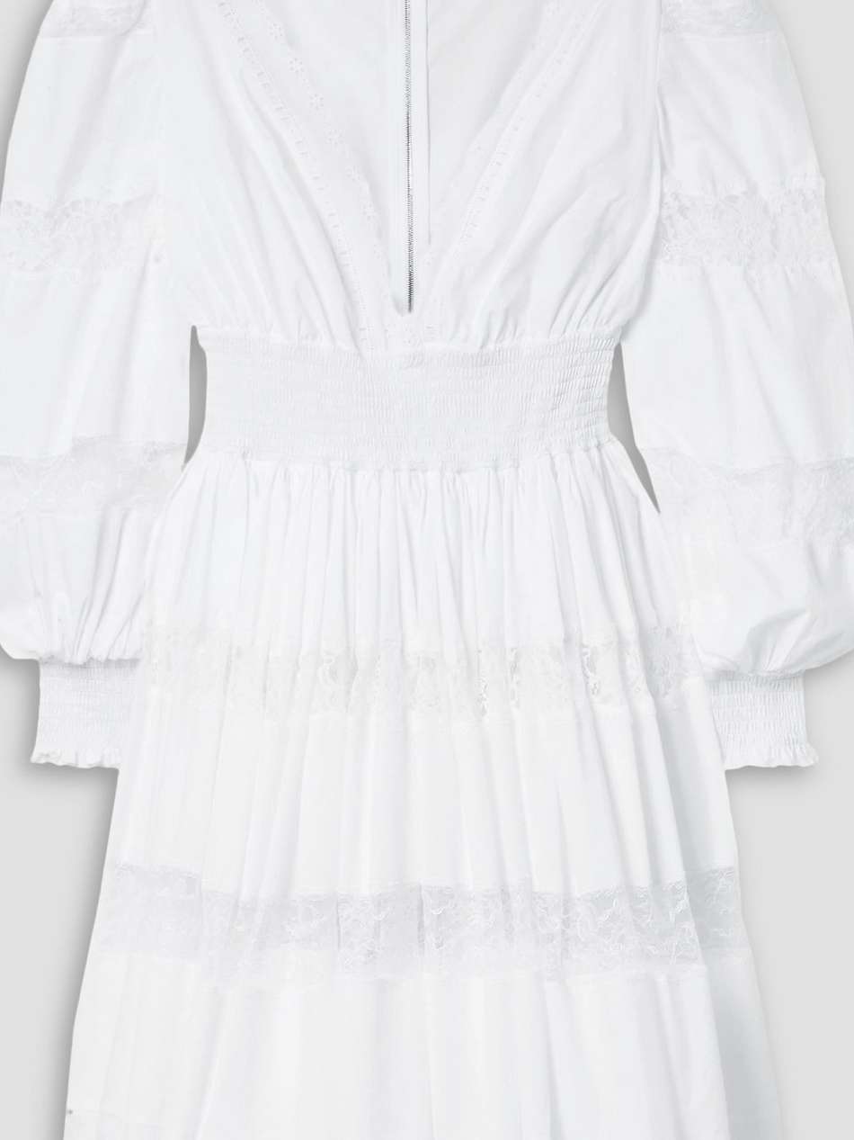 shirred lace-trimmed cotton-blend poplin mini dress
