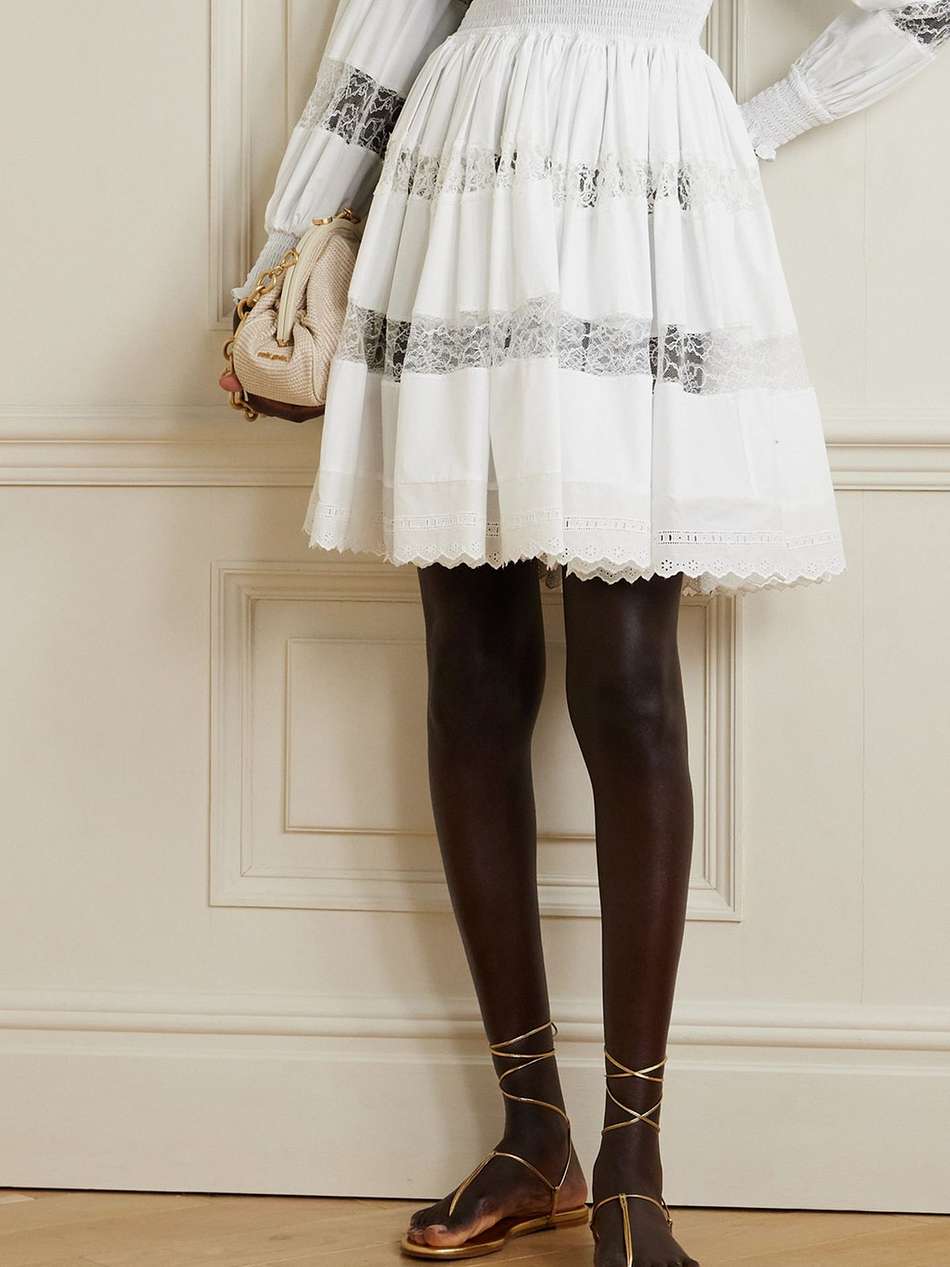 shirred lace-trimmed cotton-blend poplin mini dress