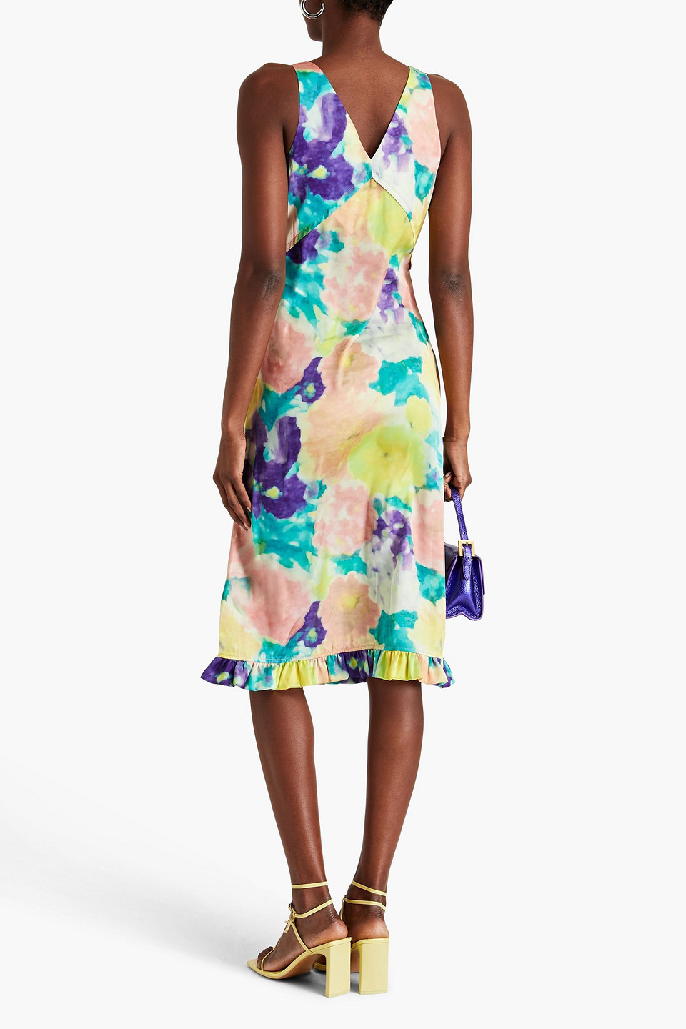 Shop Remain Birger Christensen Ruffled Floral-print Satin Midi Dress In Jade