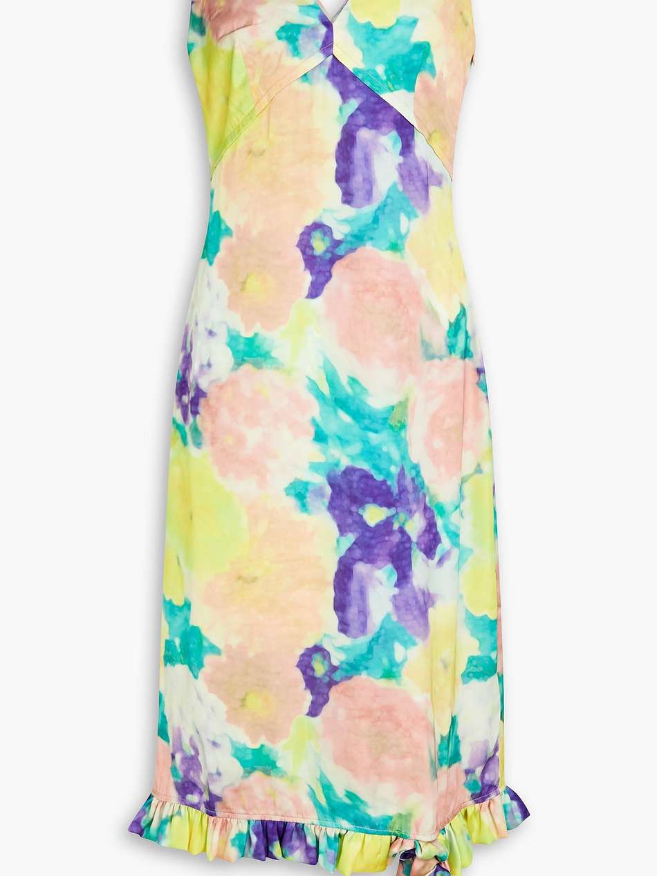 ruffled floral-print satin midi dress