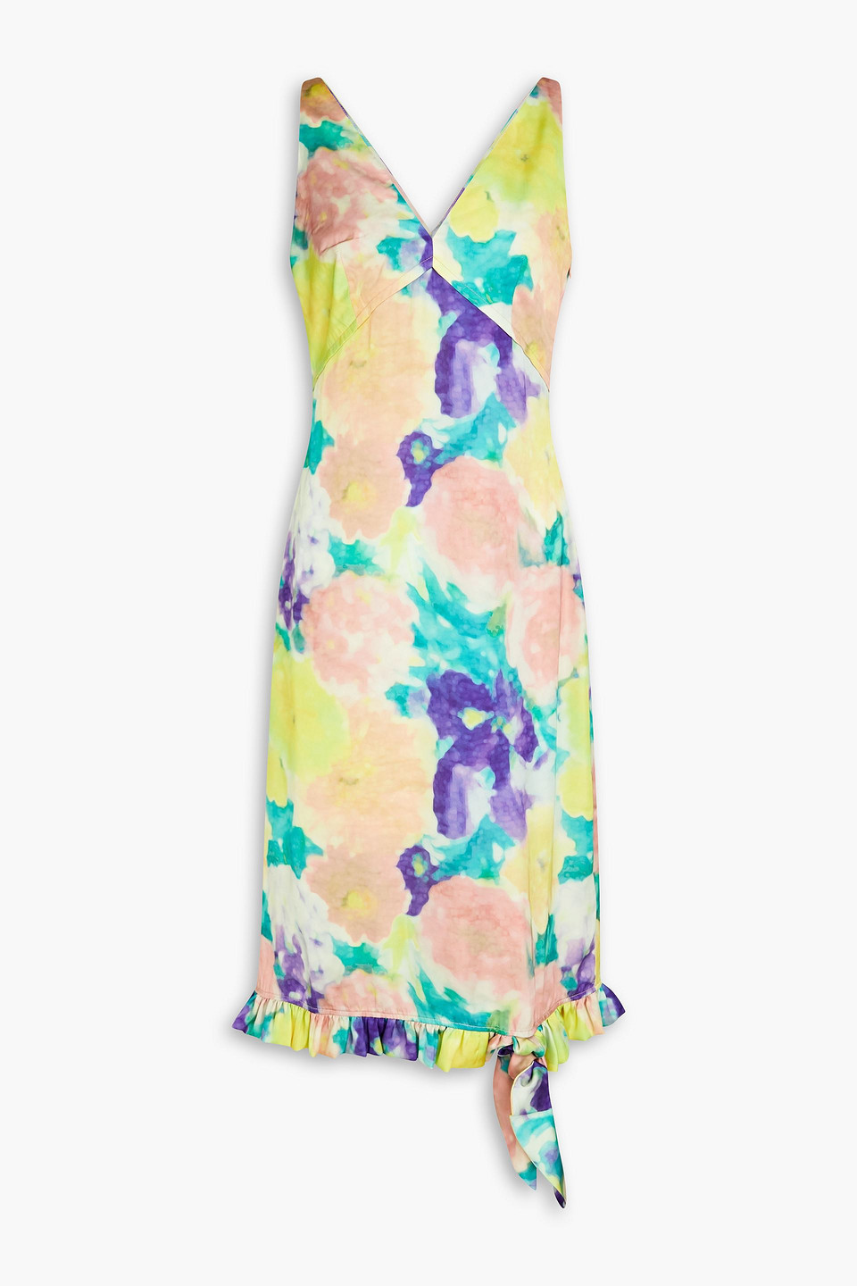 Remain Birger Christensen Ruffled Floral-print Satin Midi Dress In Jade