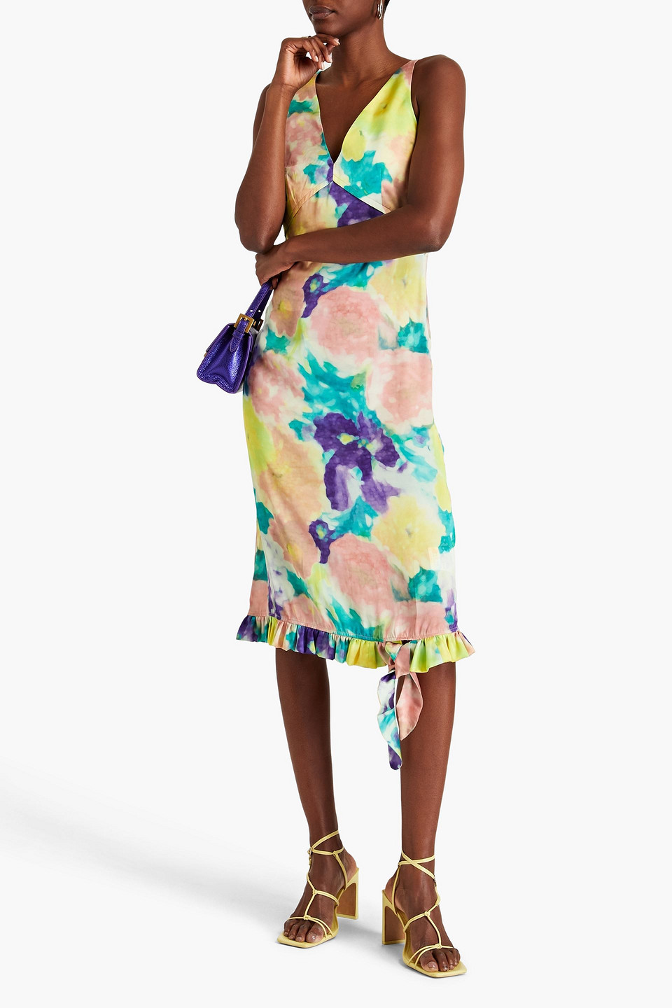 Shop Remain Birger Christensen Ruffled Floral-print Satin Midi Dress In Jade