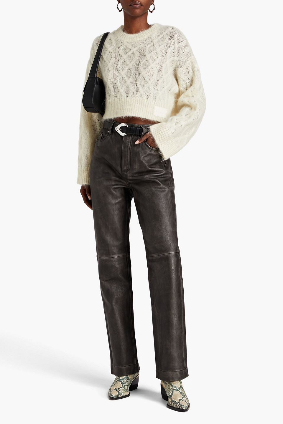 Shop Remain Birger Christensen Cropped Cable-knit Mohair-blend Sweater In Ecru