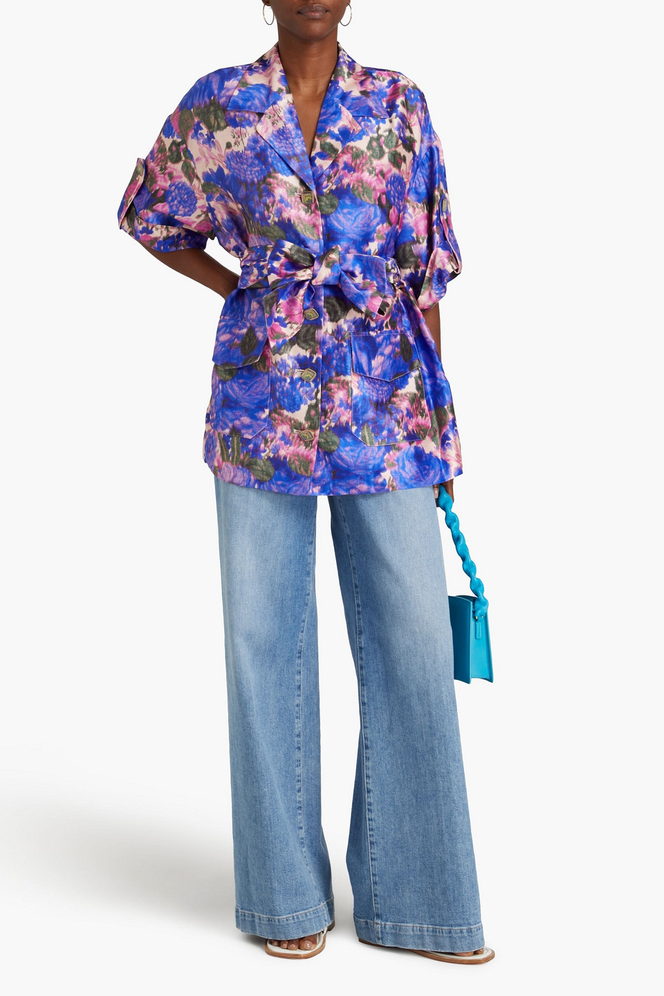 Zimmermann High Tide Floral Silk Overshirt In Hellblau