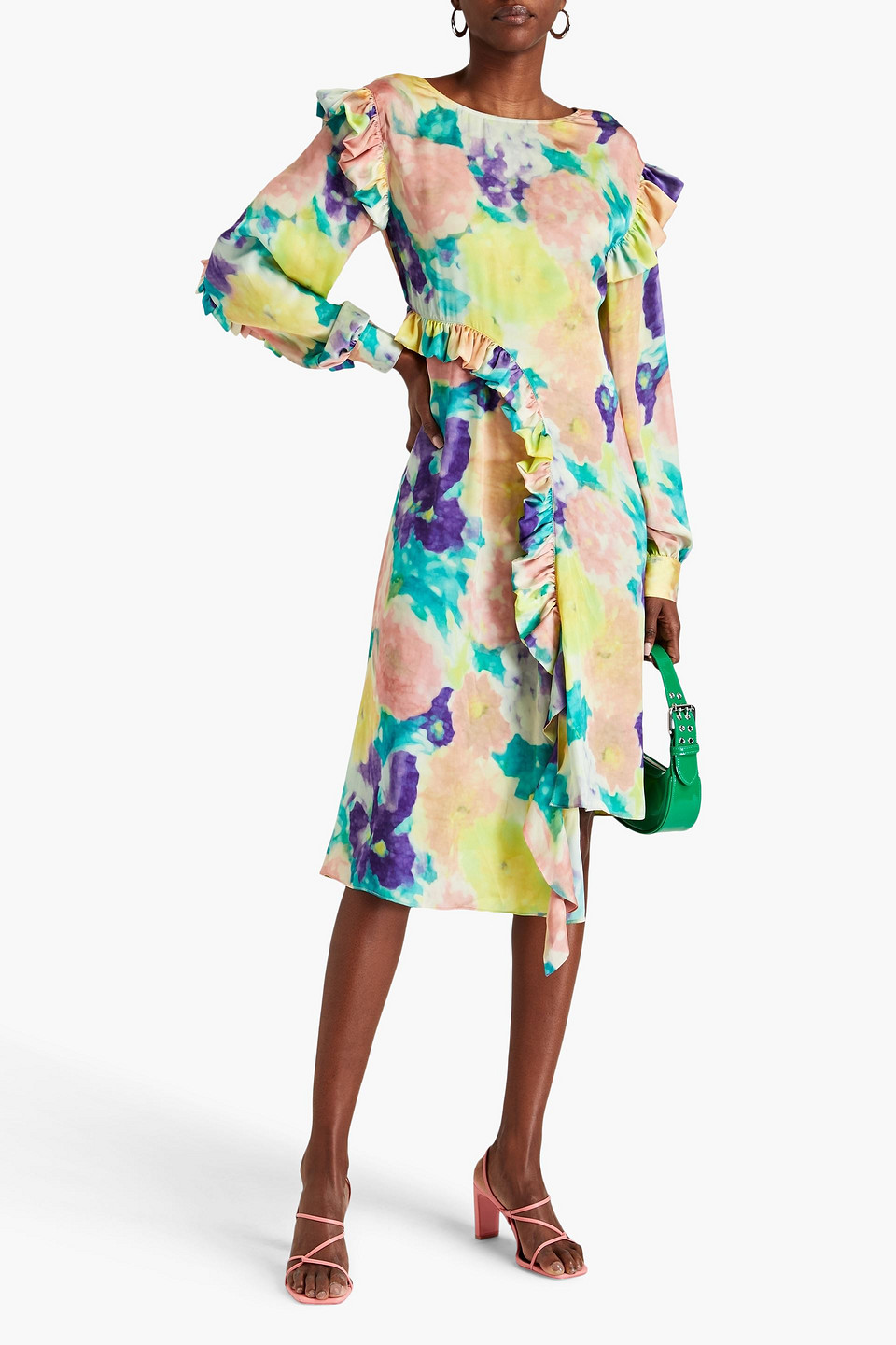 Shop Remain Birger Christensen Asymmetric Floral-print Satin Dress In Yellow