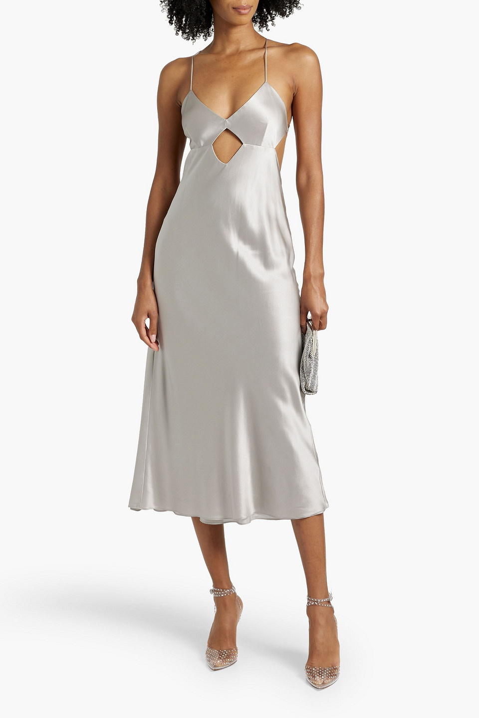 Shop Michelle Mason Cutout Silk-satin Midi Dress In Stone