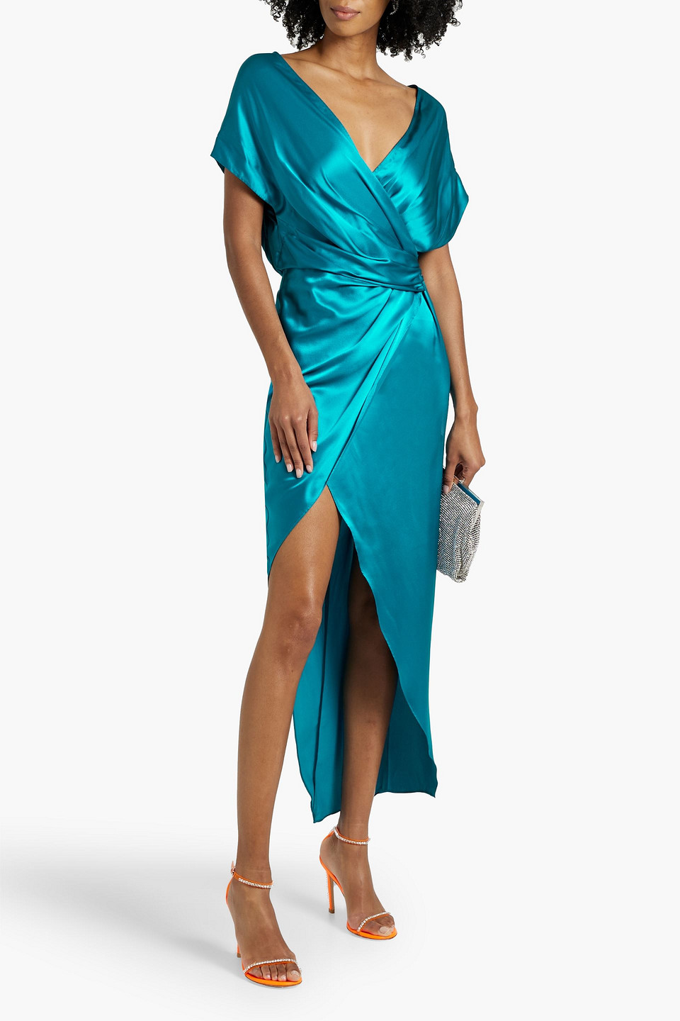 Shop Michelle Mason Wrap-effect Silk-satin Midi Dress In Teal