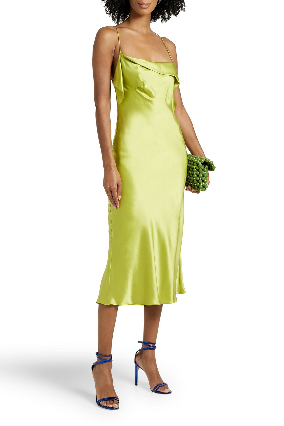 Shop Michelle Mason Draped Silk-satin Midi Slip Dress In Chartreuse