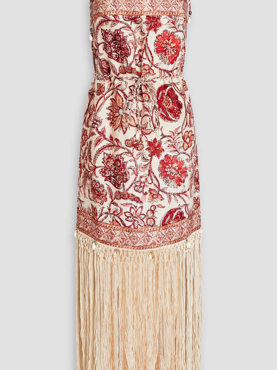 fringed floral-print linen and macramé maxi dress