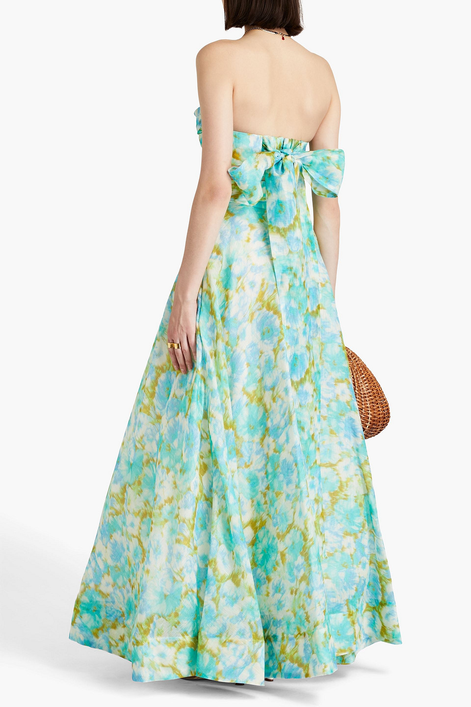 Zimmermann Strapless Floral-print Linen And Silk-blend Bra Top In Turquoise