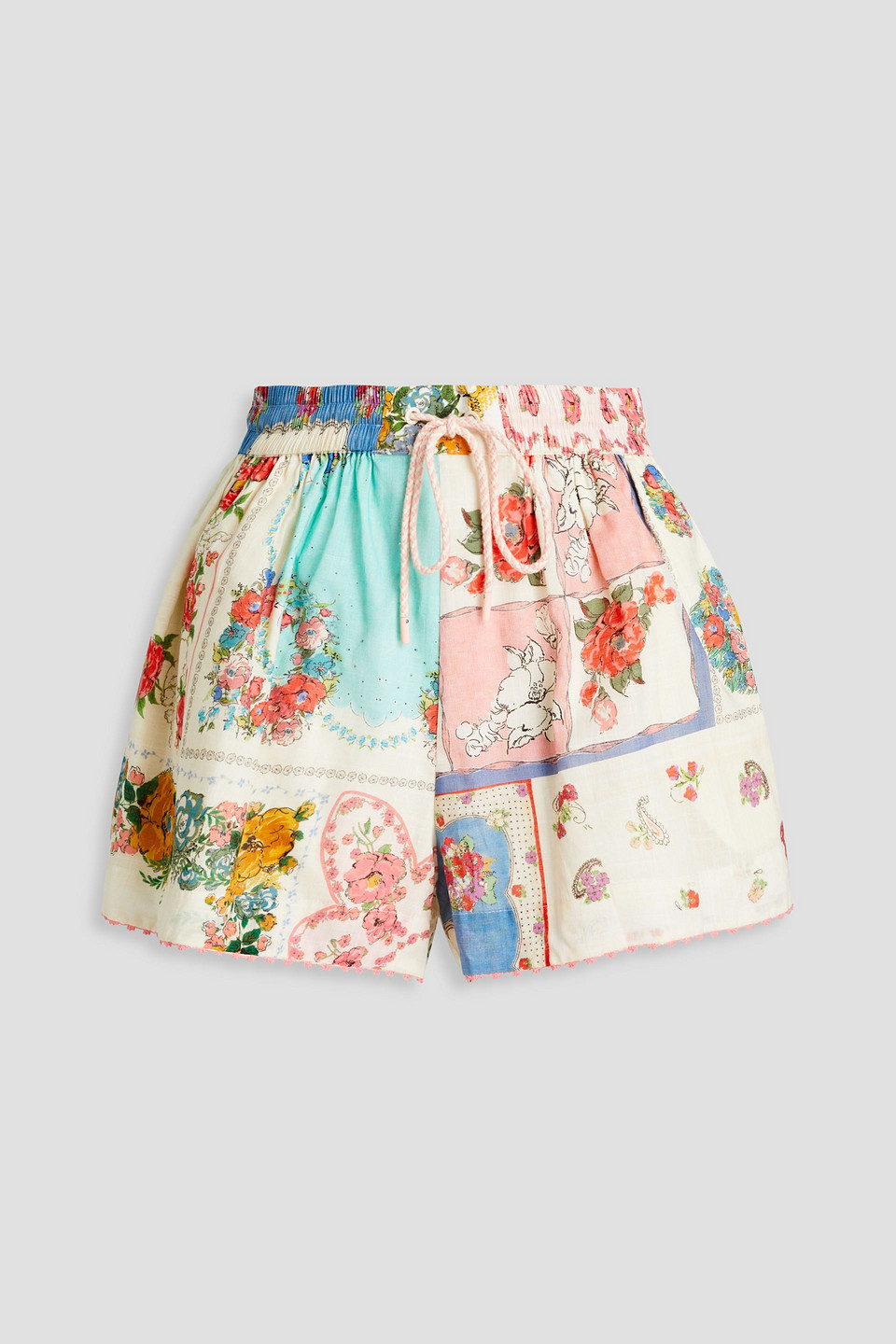 Zimmermann Gathered Floral-print Cotton Shorts In Ecru