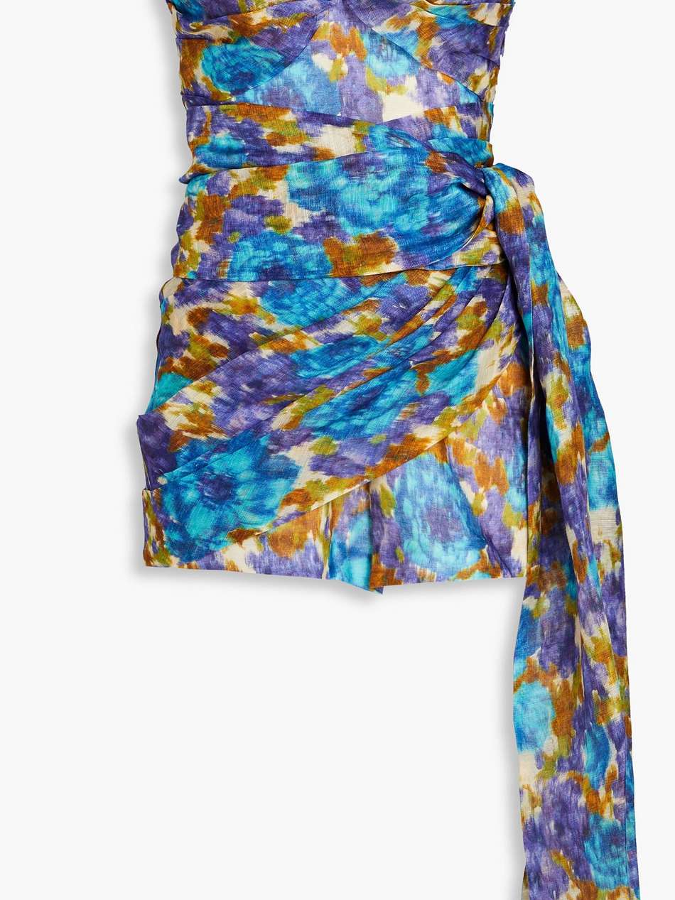 strapless bow-detailed printed linen and silk-blend playsuit