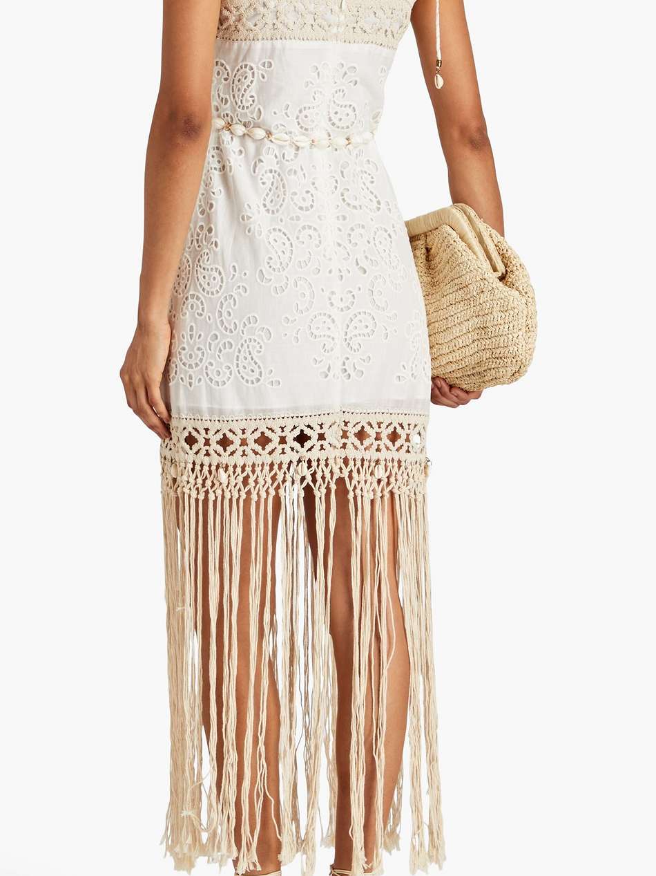 fringed broderie anglaise cotton and macramé maxi dress