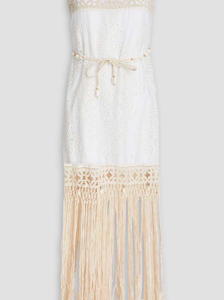 fringed broderie anglaise cotton and macramé maxi dress