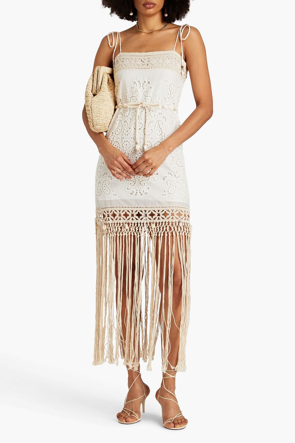 ZIMMERMANN Fringed broderie anglaise cotton and macramé maxi dress